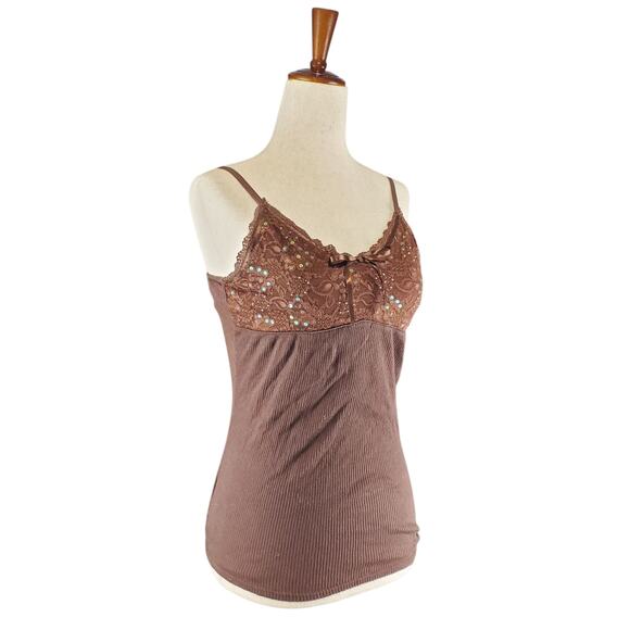 Y2k Limited Too Sequin Top Ribbed Brown Spaghetti Strap Tank Top - Small - Picture 4 of 8